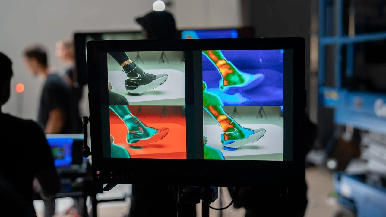 Behind the scenes — on-set production monitor showing thermal imaging for Nike Hyperice shoot