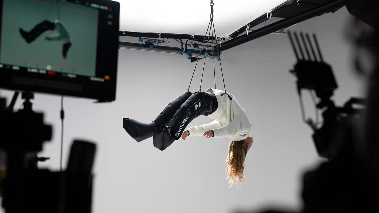 Behind the scenes — Hyperice Normatec shoot with suspended talent on wire rig
